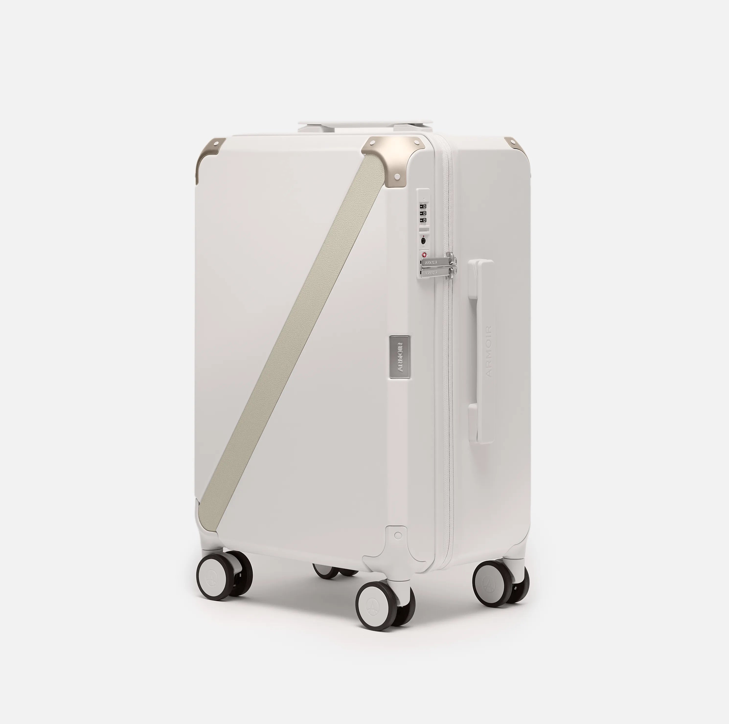 Beige premium carry-on luggage, The Cabin Trunk Essential by Armoir, front angle view