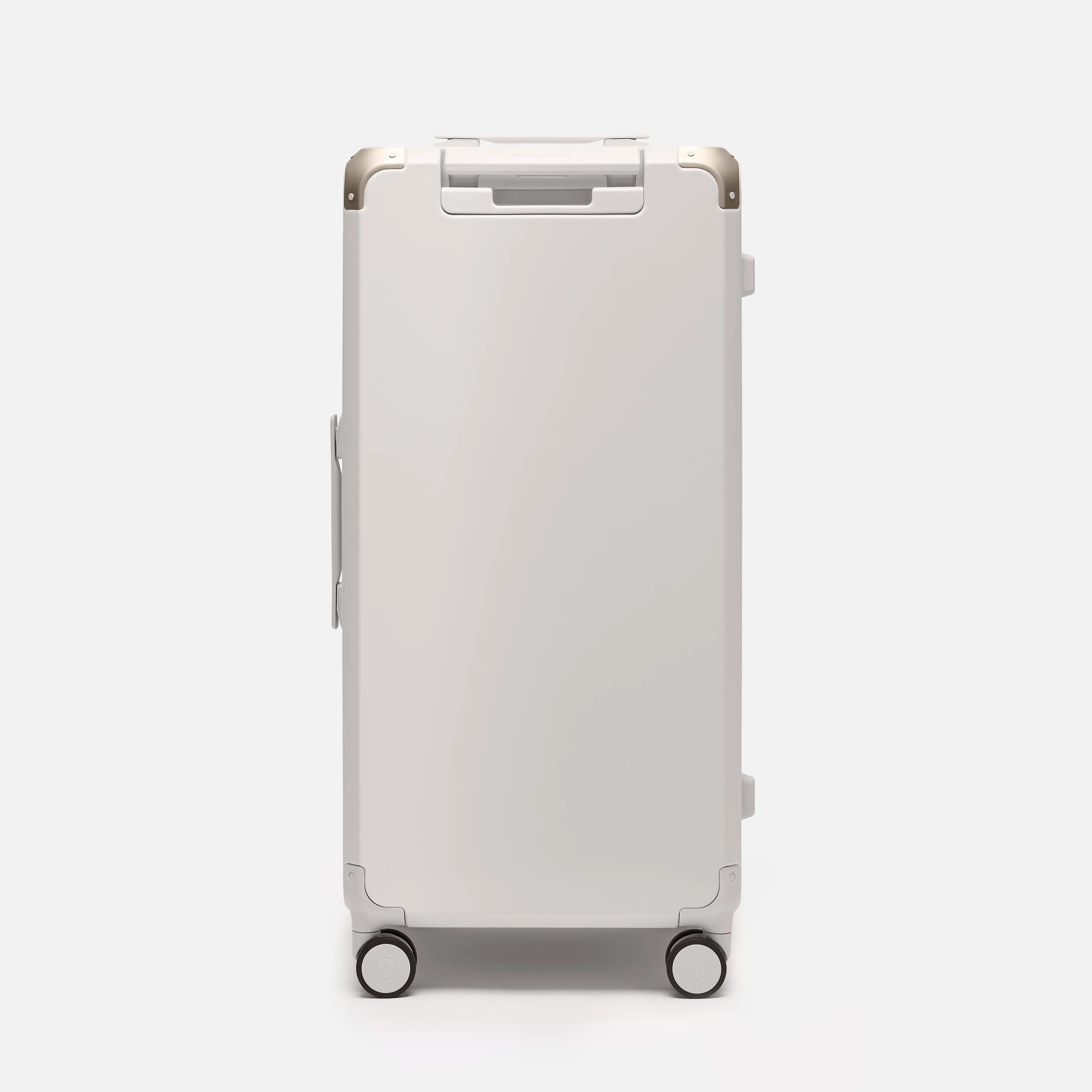 Beige hard shell checked suitcase, The Large Trunk Essential by Armoir, rear angle view
